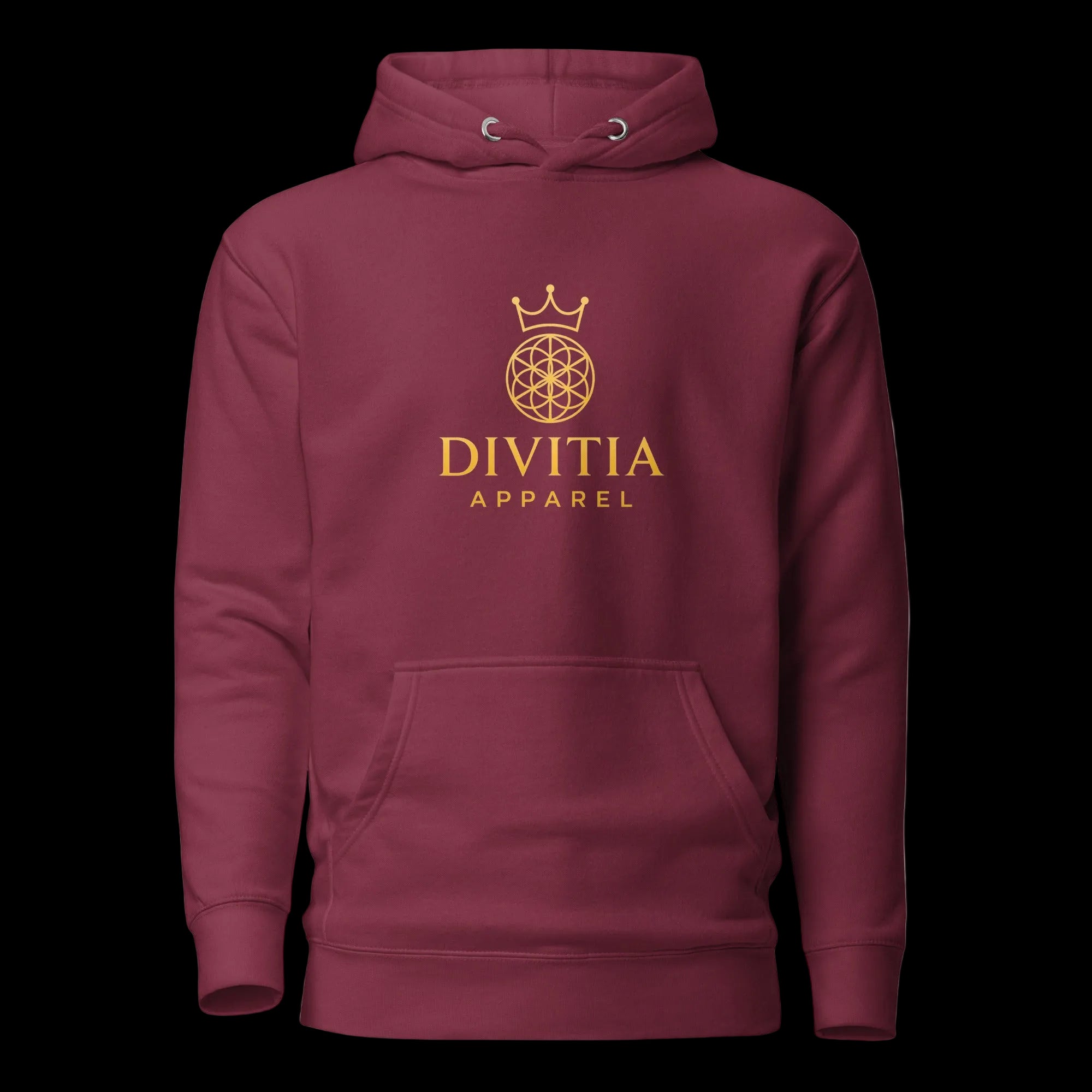 Maroon hoodie with gold 'DIVITIA APPAREL' logo on a white background