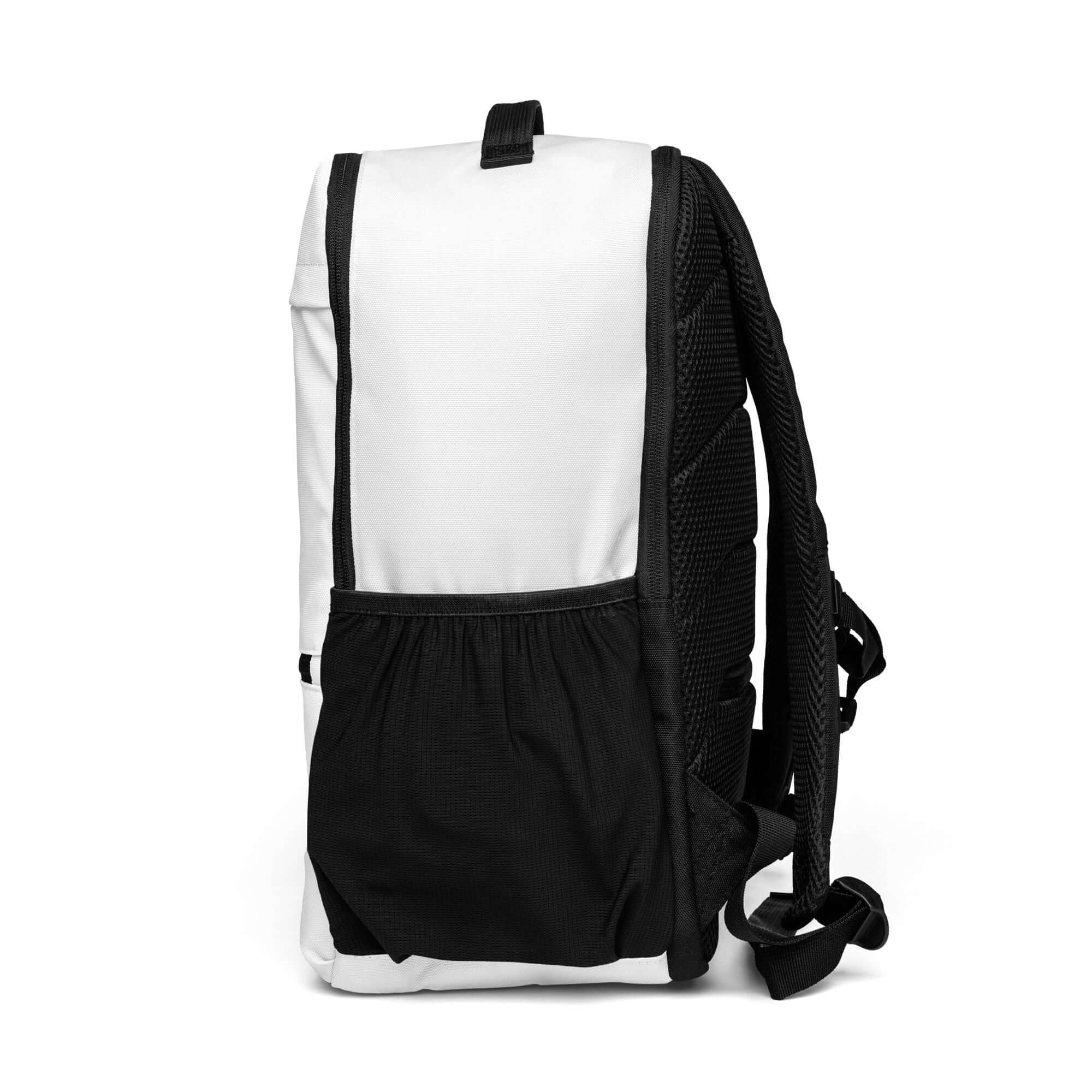 Divitia utility backpack with black and white design, showcasing a spacious side pocket and comfortable straps for versatile use.