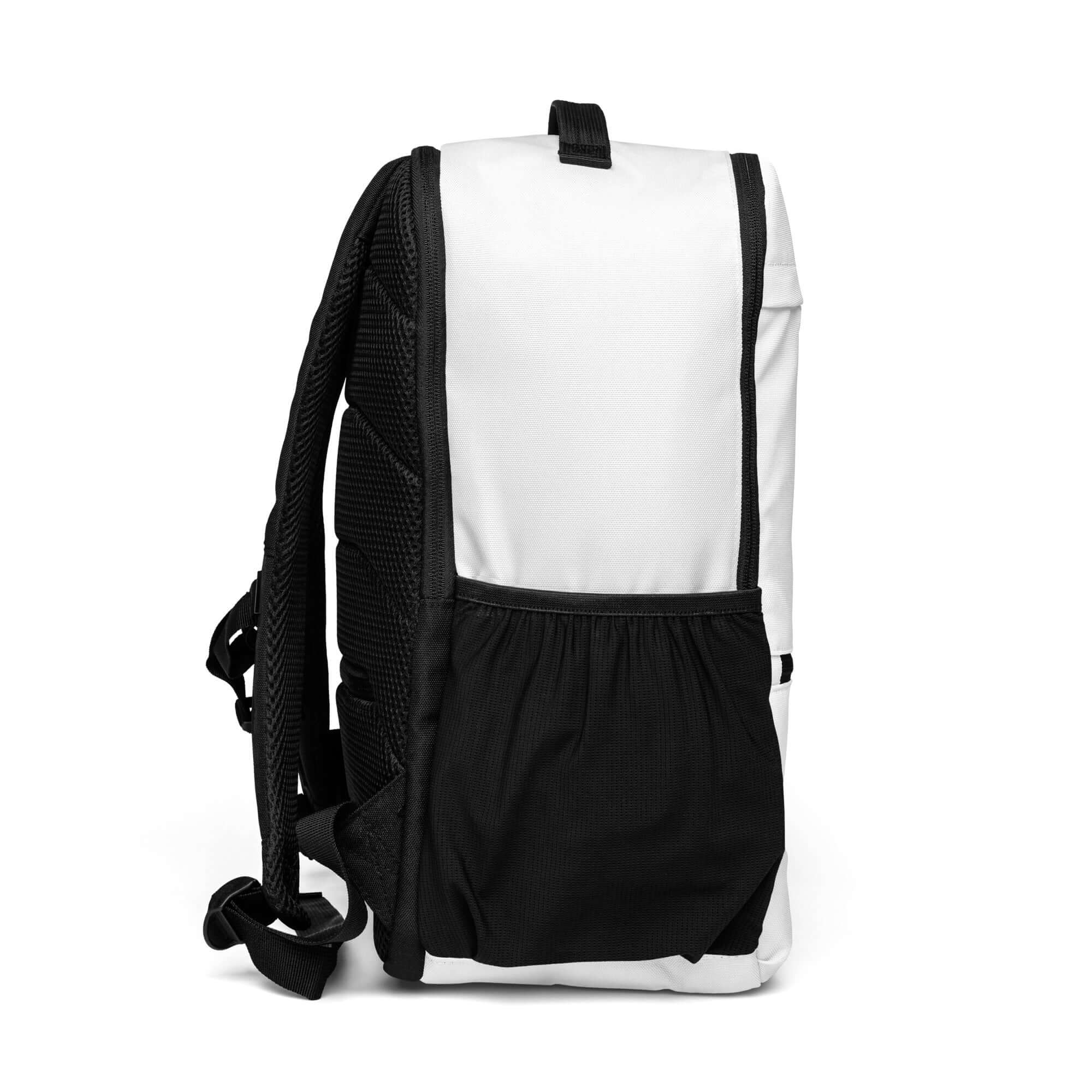 Side view of Divitia utility backpack with spacious compartments and secure laptop pocket, made from durable polyester.