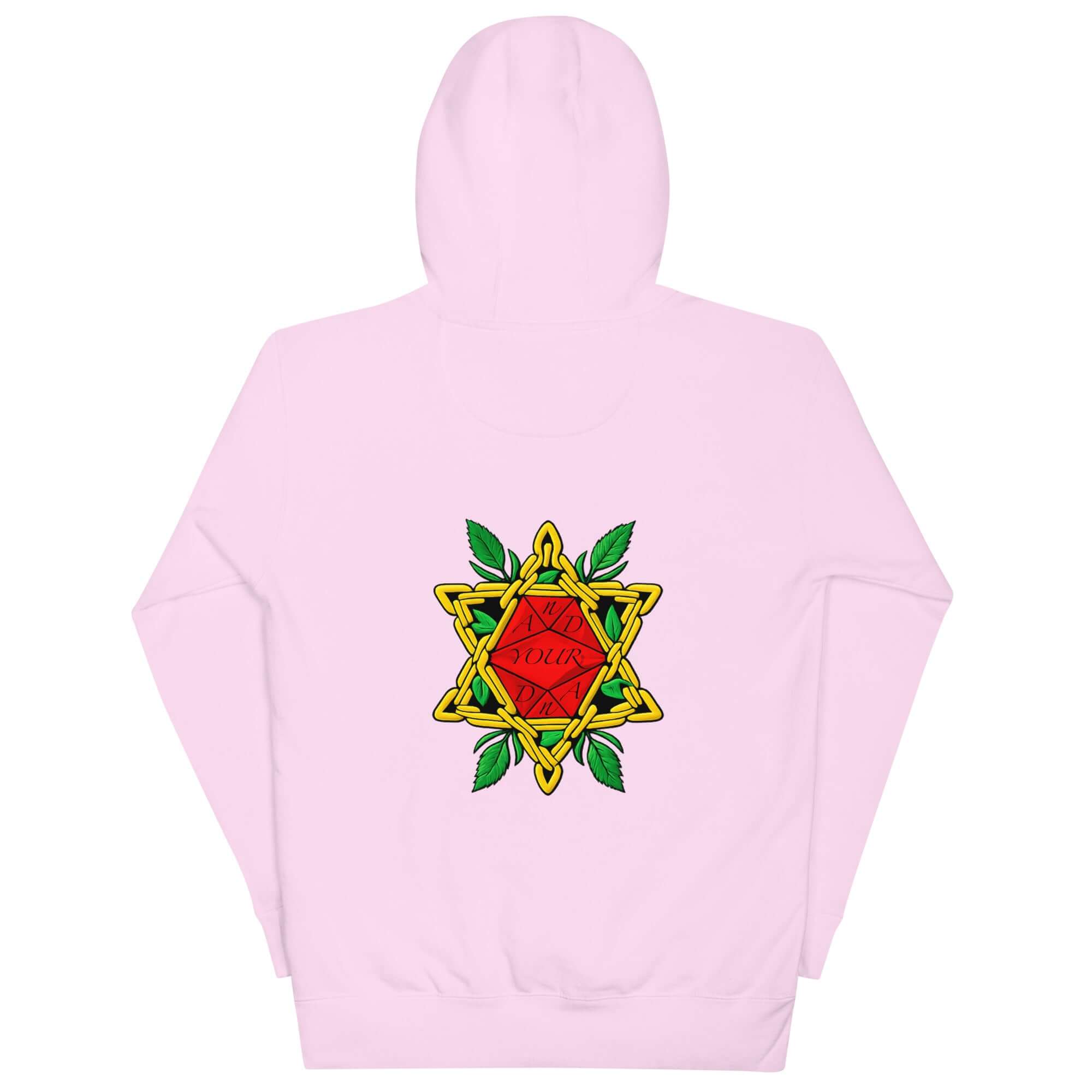 Back view of Hoodie Divitia unisex streetwear with colorful geometric design on pink fabric