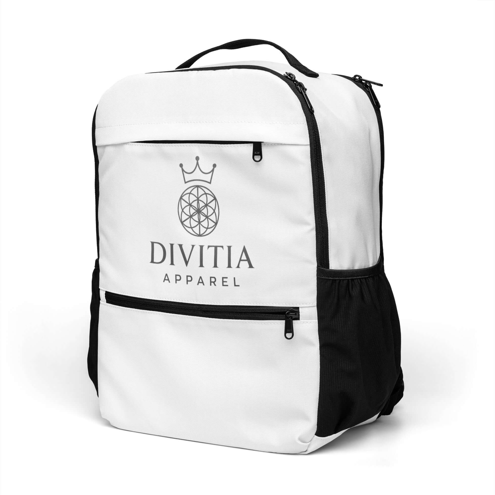 Divitia utility backpack in black and white with spacious compartments and secure laptop pocket for work and travel.