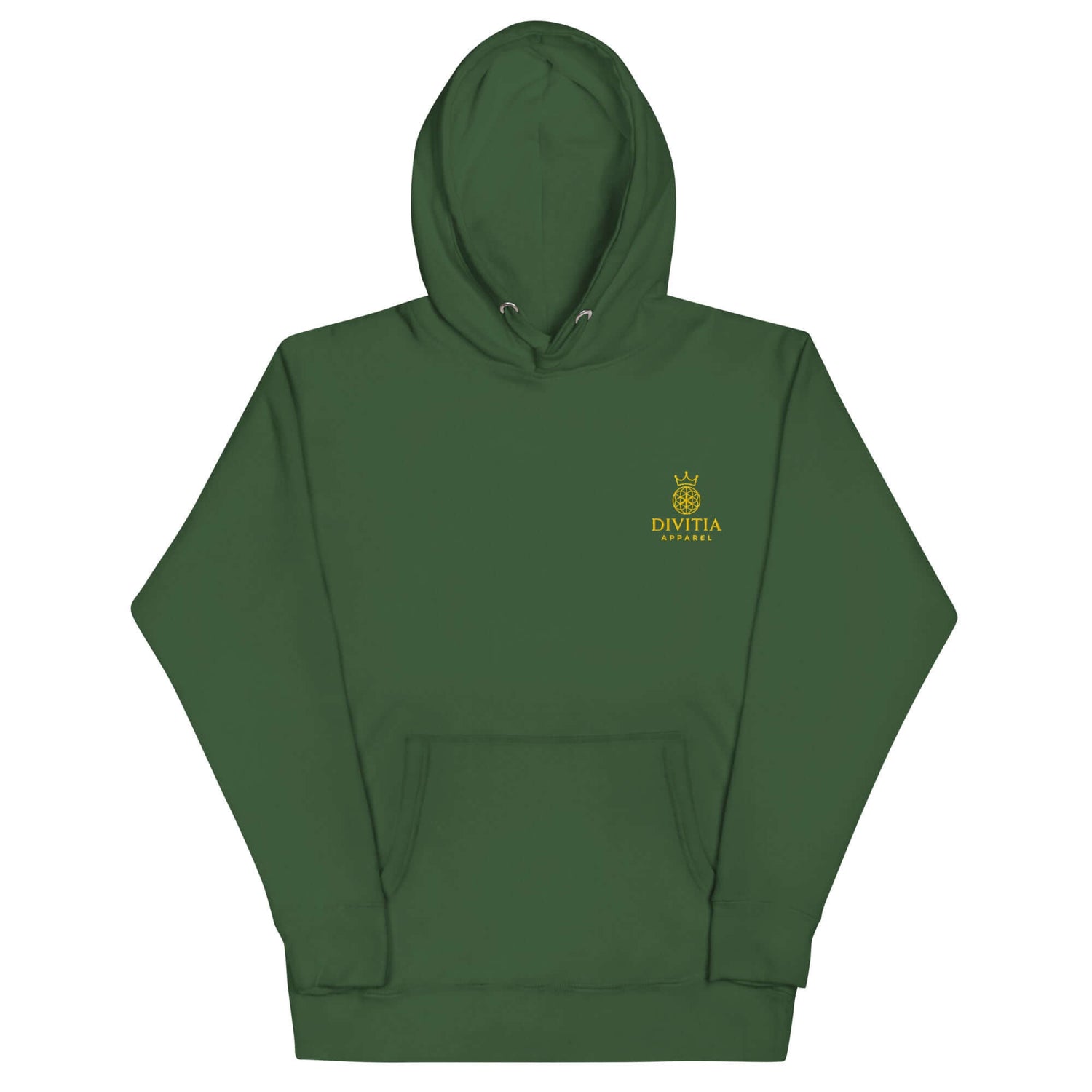 Hoodie Divitia unisex streetwear D&amp;A in green with front pouch pocket, comfort-fitted hood, and matching drawstrings.