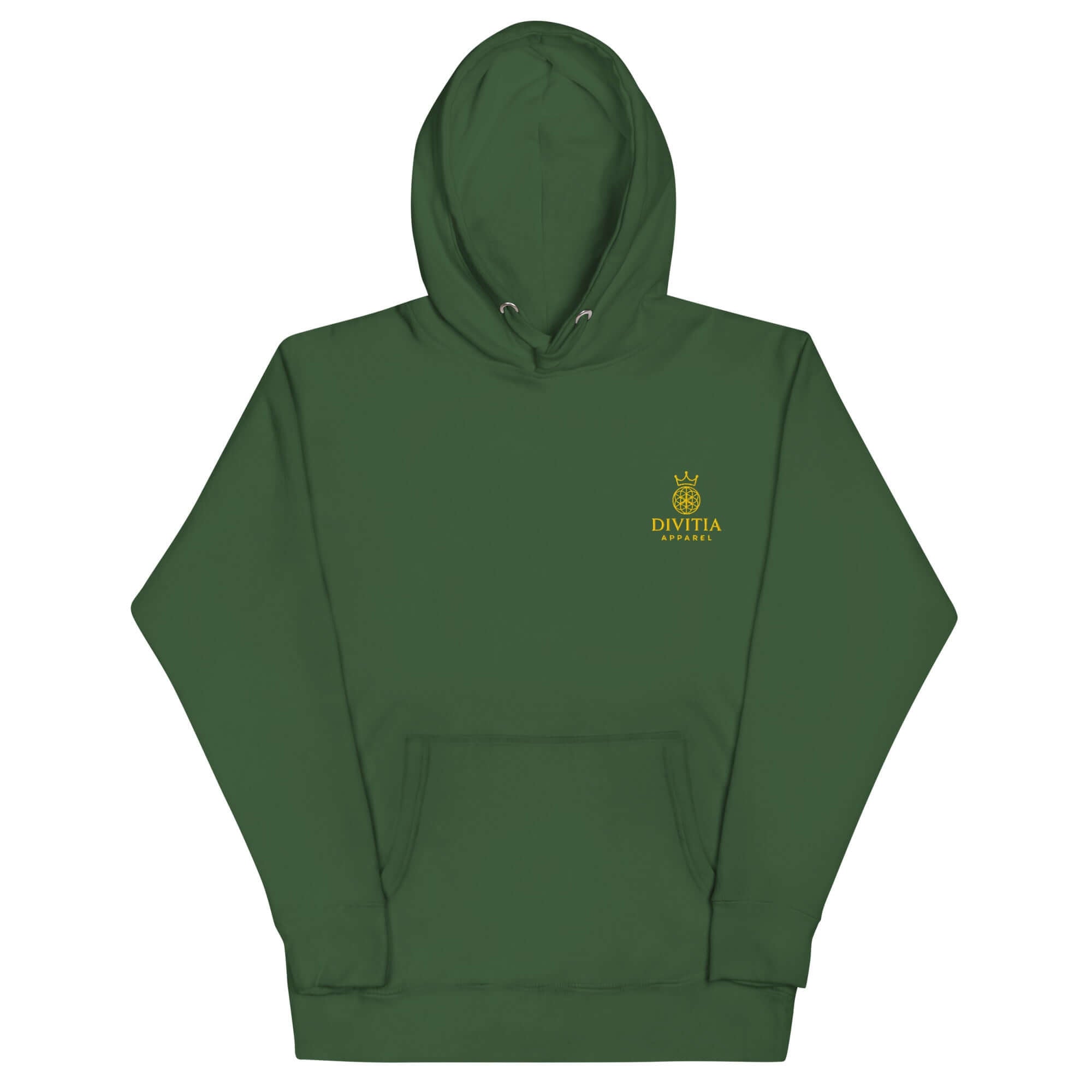 Hoodie Divitia unisex streetwear D&amp;A in green with front pouch pocket, comfort-fitted hood, and matching drawstrings.