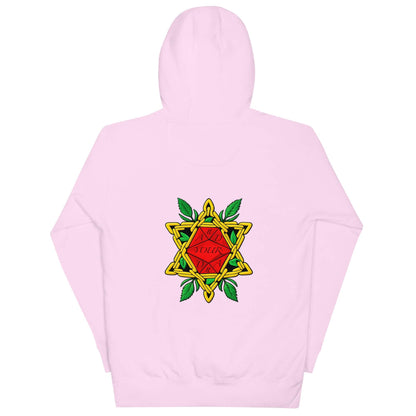 Back view of Hoodie Divitia unisex streetwear with colorful geometric design on pink fabric